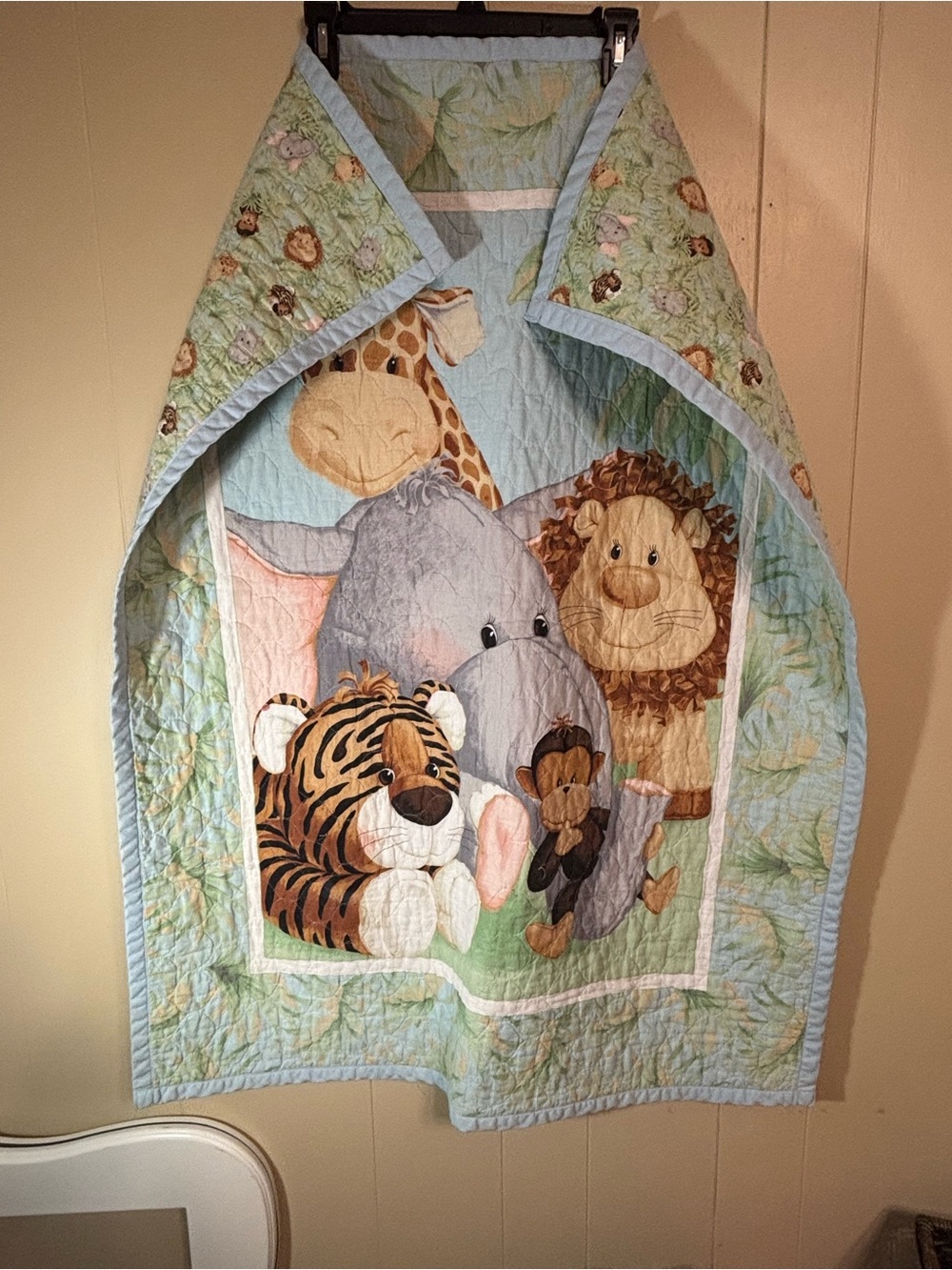 Kids Safari Animal Quilted Throw Blanket - Light Blue & Green